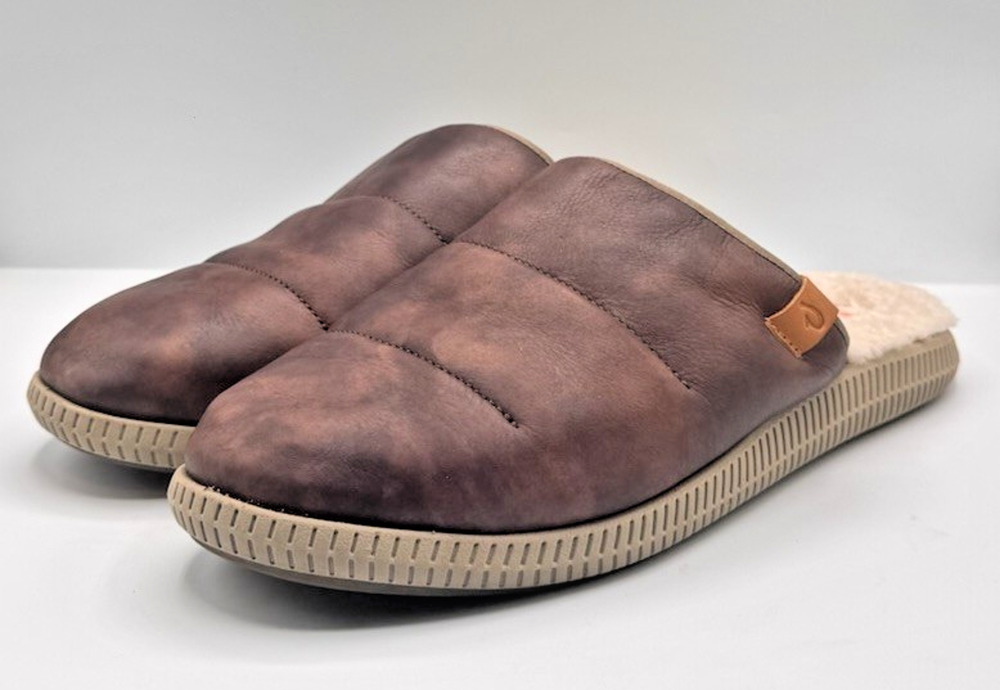 Olukai Mens Size 12M Mua 'Ili Mule Slipper Dark Wood/Silt Leather Slip On Shoes
